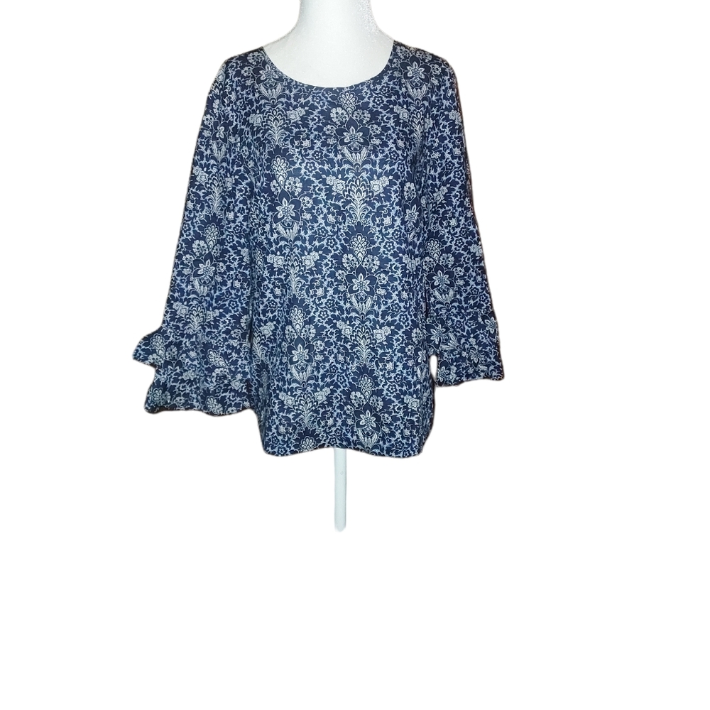 J Crew Factory 8 Blouse Long Bell Sleeve Blue Floral Shirt Top Scoop Nec…